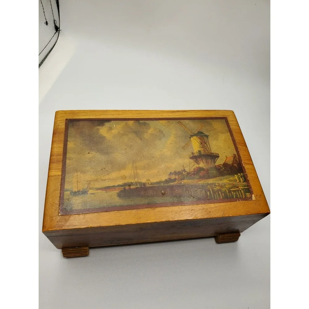 Vintage Wooden Jewelry Trinket Box Hinged Overlay 9 x 5 Inches Footed Holland